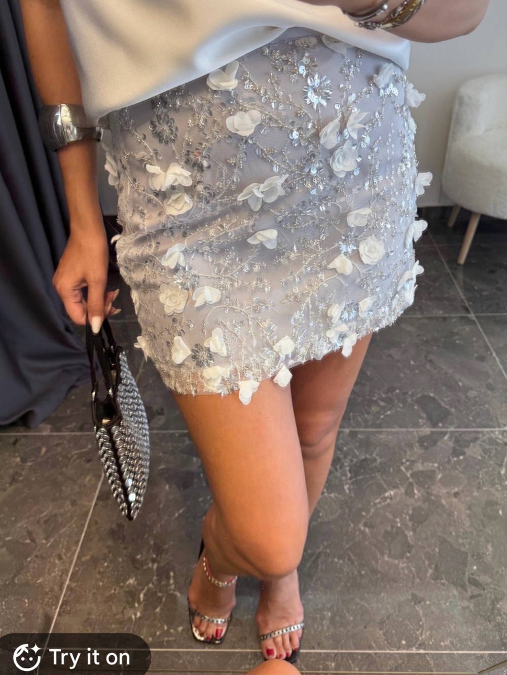 Zara Embellished Floral Mini Skirt in Light Gray